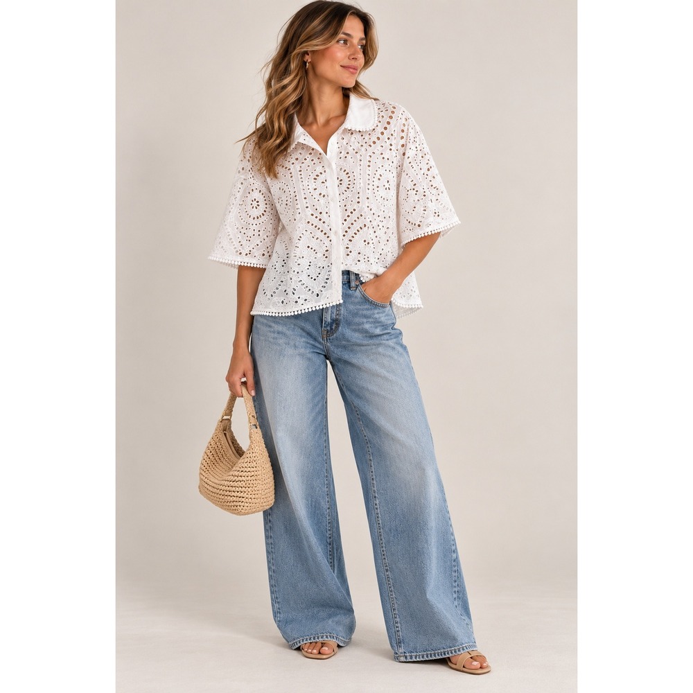 Ryegrass Women 2X White Eyelet Cotton Button Down Pom Pom Trim Blouse Top